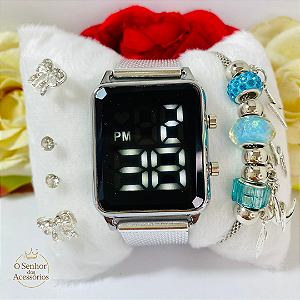 Relógio Digital/Led Quadrado - Kit Rel+Pulseira+Brincos na Caixinha Feminino