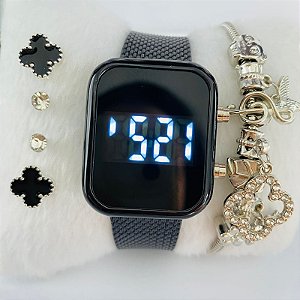 Relógio Digital/Led Arredondado - Kit Rel+Pulseira+Brincos na Caixinha