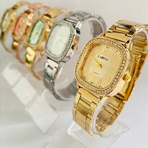 Relógio Metal Quadrado Strass/Brilho/Pedrinha Metal Varias Cores - Kit Rlógio+Pulseiras+2 Pares de Brincos na Caixinha - FC0014