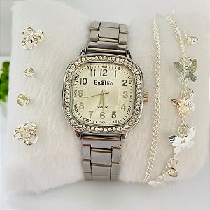 Relógio Metal Quadrado Strass/Brilho/Pedrinha Metal Varias Cores - Kit Rlógio+Pulseiras+2 Pares de Brincos na Caixinha - FC0014
