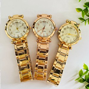 Relógio Metal Varias Cores - Kit Rlógio+Pulseiras+2 Pares de Brincos na Caixinha