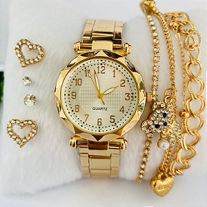 Relógio Metal Varias Cores - Kit Rlógio+Pulseiras+2 Pares de Brincos na Caixinha
