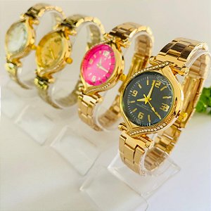Relógio Metal Strass/Brilho/Pedrinha Metal Varias Cores - Kit Rlógio+Pulseiras+2 Pares de Brincos - FC0016 na Caixinha