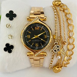 Relógio Metal Strass/Brilho/Pedrinha Metal Varias Cores - Kit Rlógio+Pulseiras+2 Pares de Brincos - FC0016 na Caixinha