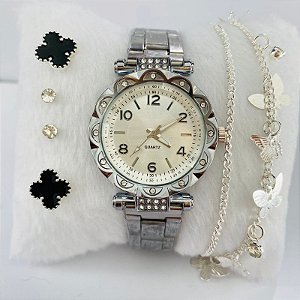 Relógio Metal Strass/Brilho/Pedrinha Metal Varias Cores - Kit Rlógio+Pulseiras+2 Pares de Brincos na Caixinha - FC0024