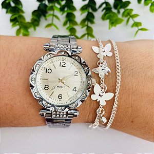 Relógio Metal Strass/Brilho/Pedrinha Metal Varias Cores - Kit Rlógio+Pulseiras+2 Pares de Brincos na Caixinha - FC0024