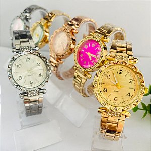 Relógio Metal Strass/Brilho/Pedrinha Metal Varias Cores - Kit Rlógio+Pulseiras+2 Pares de Brincos na Caixinha - FC0024-n02