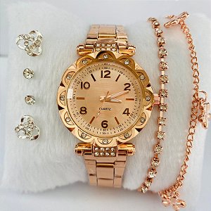 Relógio Metal Strass/Brilho/Pedrinha Metal Varias Cores - Kit Rlógio+Pulseiras+2 Pares de Brincos na Caixinha - FC0024-n02