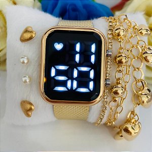 Relógio+Pulseira+2 pares de Brincos na Caixinha FAP012