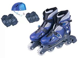 Patins In-line Ajustável Azul 34 Ao 37 + Kit Proteção Fênix