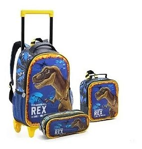 Kit Mochila Escolar Rodas Infantil Dinossauro Rex Seanite