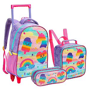 Kit Mochila Escolar Rodas Lancheira Térmica e Estojo Pop It Seanite