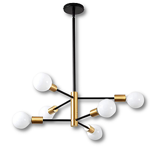 Lustre de 6 Lâmpadas Preto com Dourado