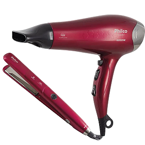 Kit Secador + Prancha Cherry Tourmaline Íon Philco