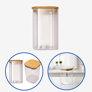 Pote Mantimentos Quadrado 1,1L Tampa Bambu Transparente