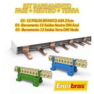 KIT BARRAMENTO BIFASICO + NEUTRO 12 SAIDAS + TERRA 12 SAIDAS - ENERBRAS - KBPTN-E2