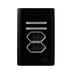 CJ INTERRUPTOR DUPLO SIMPLES + TOMADA DUPLA 10A (ESPECIAL) 4X2 - NOVARA PRETO BRILHANTE CROMADO