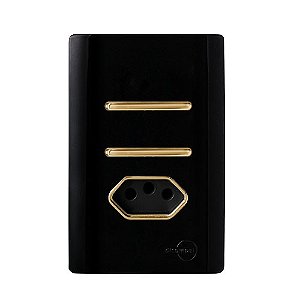 CJ INTERRUPTOR DUPLO  SIMPLES + TOMADA 20A 4X2 - NOVARA PRETO BRILHANTE GOLD