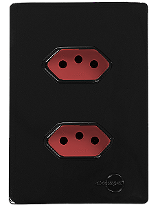 CJ TOMADA DUPLA 20A HORIZONTAL VERMELHO COM SUPORTE  4X2 - DICOMPEL NOVARA PRETO BRILHANTE TOTAL - DNV1700/38VMTL