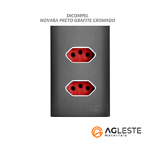 CJ TOMADA DUPLA 10A VERMELHO COM SUPORTE  4X2 - DICOMPEL NOVARA PRETO GRAFITE CROMADO - DNV1600/14GFVMCR