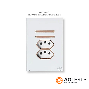 CJ INTERRUPTOR DUPLO SIMPLES + TOMADA DUPLA 10A (ESPECIAL)4X2 - NOVARA GLASS BRANCO / OURO ROSE