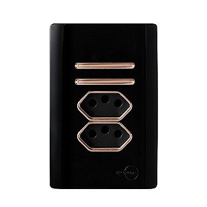 CJ INTERRUPTOR DUPLO SIMPLES + TOMADA DUPLA 10A 4X2 - NOVARA PRETO BRILHANTE OURO ROSE