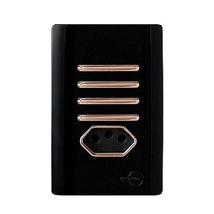 CJ INTERRUPTOR QUADRUPLO SIMPES + TOMADA 10A 4X2 - NOVARA PRETO BRILHANTE OURO ROSE