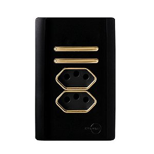 CJ INTERRUPTOR DUPLO (SIMPLES + PARALELO) + TOMADA DUPLA 10A (ESPECIAL)4X2 - NOVARA PRETO BRILHANTE GOLD