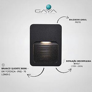 BALIZADOR GADOL PRETO 2W 3000K BRANCO QUENTE 70 Lumens IP65 BIVOLT - GAYA