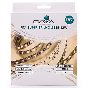 FITA DE LED SUPER BRILHO 2835 12W/M 3000K 120LEDS METRO 1100L/M IP20 12V - GAYA