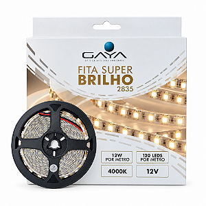 FITA DE LED SUPER BRILHO 2835 12W/M 4000K 120LEDS METRO 1100L/M IP20 12V - GAYA