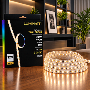 FITA DE LED 240LEDS 80W 16W/M SMD 12V 5M IRC70 3000K IP20 - LUMINATTI - LM1899