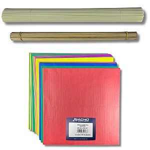 Kit Pipa Peixinho Raia Média 100 Folhas de Seda 40cm, Varetas Fibra 2.0 x 66cm 500gr e Bambu 55cm 100un