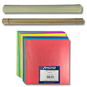 Kit Pipa Peixinho Mini Raia 100 Folhas de Seda 30cm, Varetas Fibra 1.6 x 49cm 500gr e Bambu 48cm 100un
