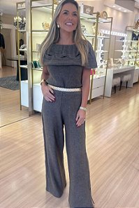 CONJ TRICOT CALÇA E BLUSA OMBRO A OMBRO CINZA