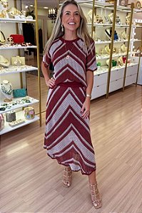 CONJUNTO TRICOT SAIA E BLUSA LISTRAS DIAGONAL MARSALA