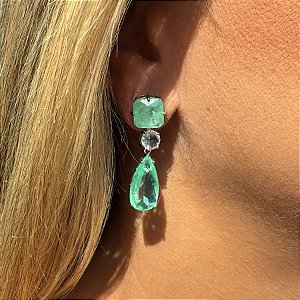 BRINCO BASE QUADRADA C/ GOTA TURMALINA