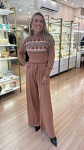 CONJUNTO TRICOT CALÇA/BLUSA ESTAMPADA NUDE