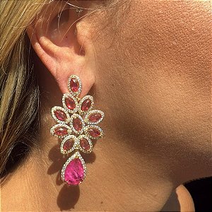 BRINCO TELA ZIRCONIA GOTA PENDULO PINK