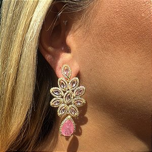 BRINCO TELA ZIRCONIA GOTA PENDULO ROSA