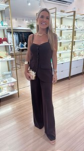 CONJUNTO TRICOT ALÇA/BOTOES/BOLSO FALSO CALÇA MARROM