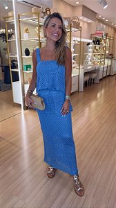 CONJUNTO CROPPED E SAIA BABADO QUADRIL AZUL