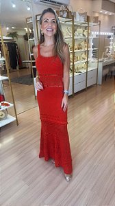VESTIDO TRICOT ALÇA LUREX RENDADO VERMELHO