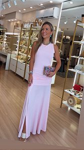 VESTIDO DRAPEADO LATERAL E FENDA ROSA