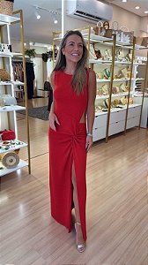 VESTIDO TRICOT NÓ ABERTURA LATERAL LUREX VERMELHO