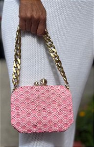 CLUTCH PALHA TELA ALÇA CORRENTE ROSA