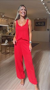 CONJUNTO TRICOT BLUSA E CALÇA PUNHO VERMELHO