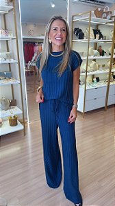 CONJUNTO TRICOT BLUSA SEM MANGA CANELADO AZUL MARINHO