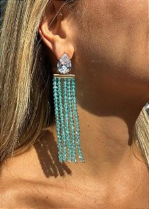 BRINCO GOTA FRANJA CRISTAIS AZUL