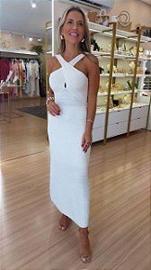 VESTIDO TRICOT DECOTE CRUZADO FRENTE AREIA